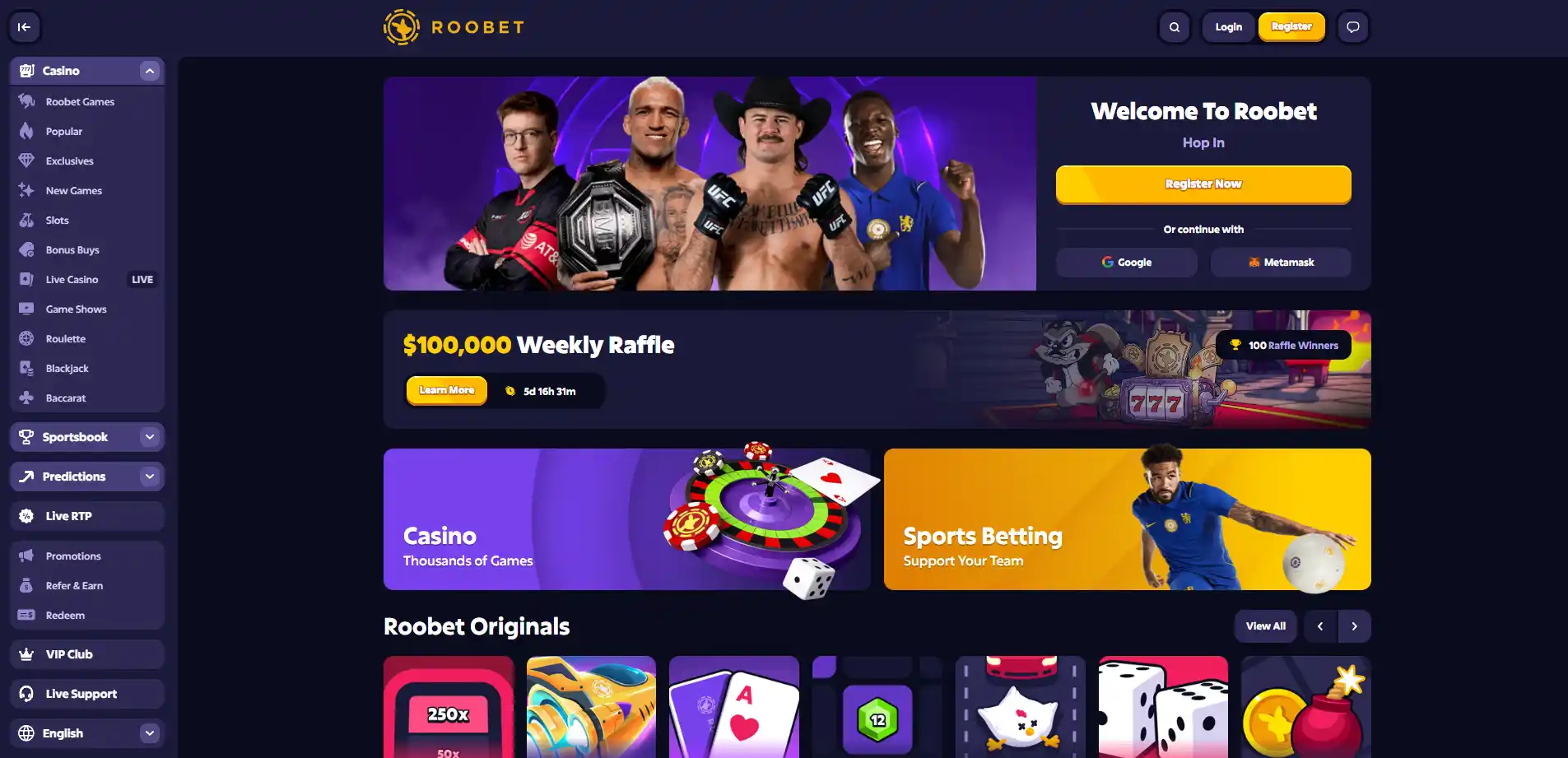 Roobet homepage identity with casino navigation visible in the browser